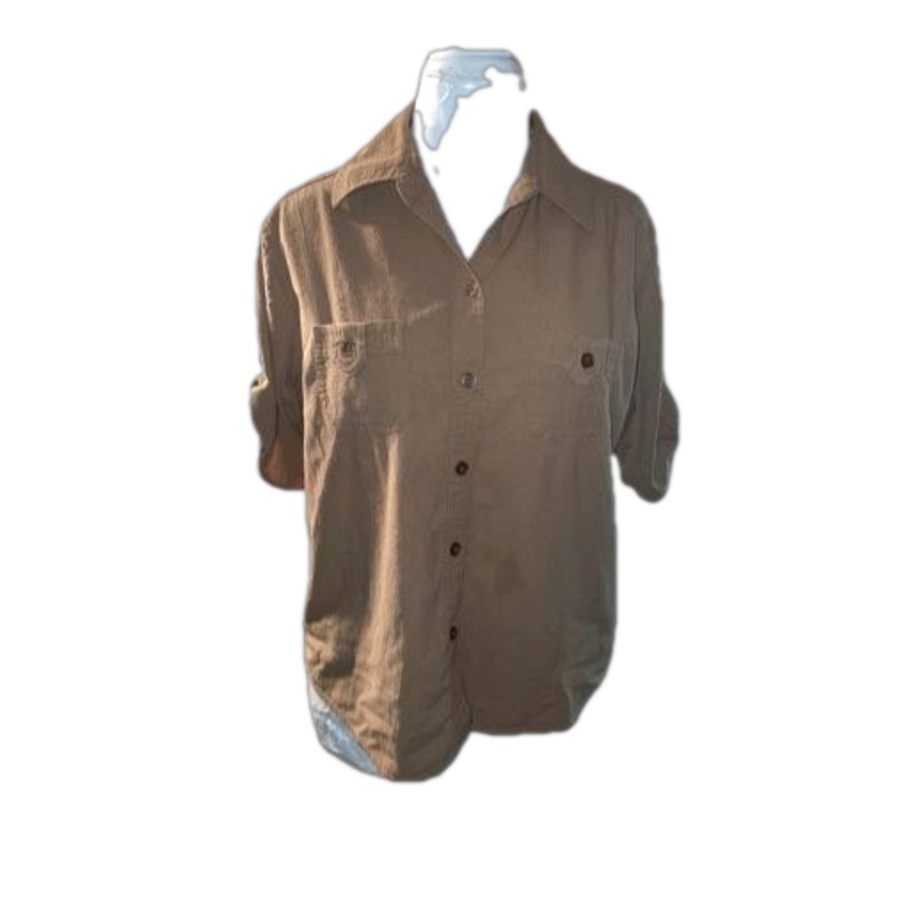 NWOT White Stag Granncore Brown Asymmetrical Button tap Crepe Button Down SZ L